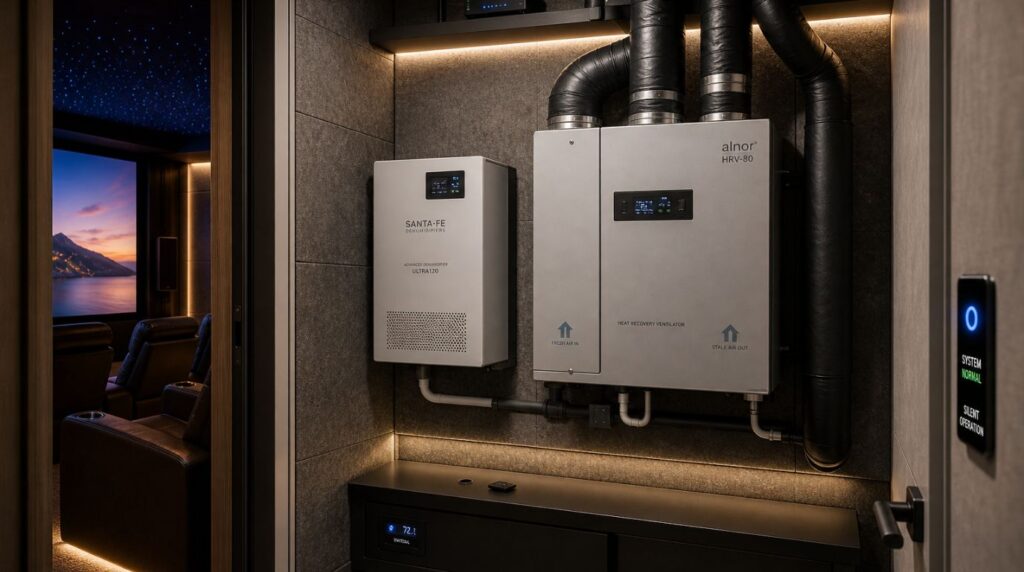 Invisible dehumidifier and Heat Recovery Ventilator (HRV) system for basement moisture control.