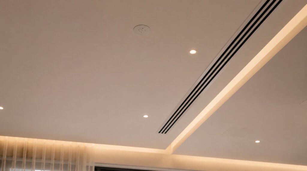 Ceiling presence sensors showcasing the energy conservation advantages of smart home automation
