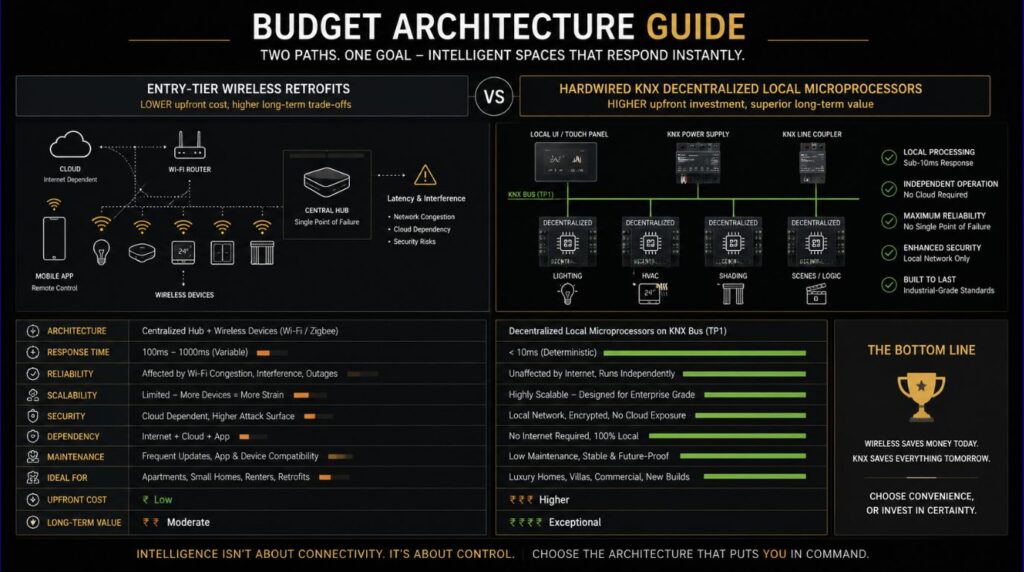 Comparative price matrix analyzing entry level vs hardwired smart home installation cost in india