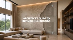 A luxury living room featuring a split-view of a minimalist wall, revealing hidden invisible technology like plaster-in speakers and sensors behind decorative wallpaper.