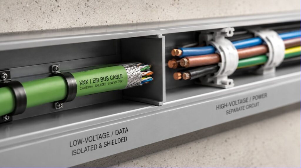 Shielded green bus cable path isolating data loops for a future-proof smart home installation