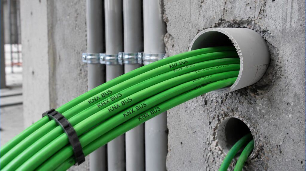 Professional installation of a green KNX cable system during the gray structure phase of a luxury bungalow construction.