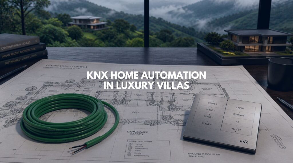 An architectural blueprint showing the integration of KNX home automation using the iconic green bus cable for a luxury villa.