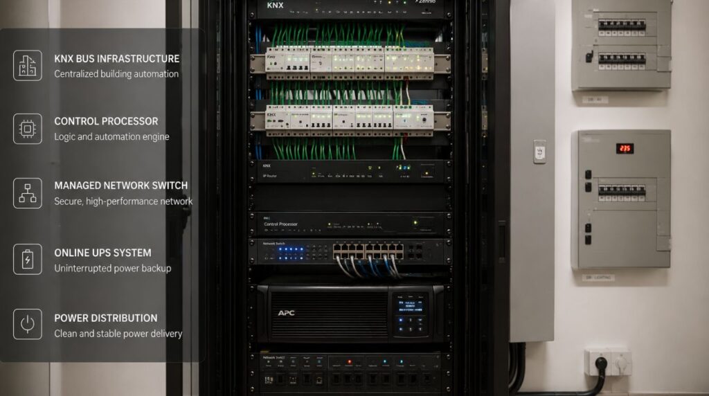 Reliable smart home checklist electrical infrastructure featuring a KNX wired automation rack.