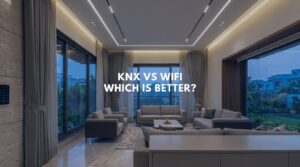 A high-end architectural visualization evaluating the robust KNX vs WiFi automation systems inside a modern minimalist penthouse with automated lighting and shading.