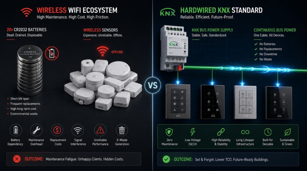 A dual-panel infographic contrasting the low-maintenance KNX vs WiFi ecosystems, highlighting the wireless device battery failure loop.