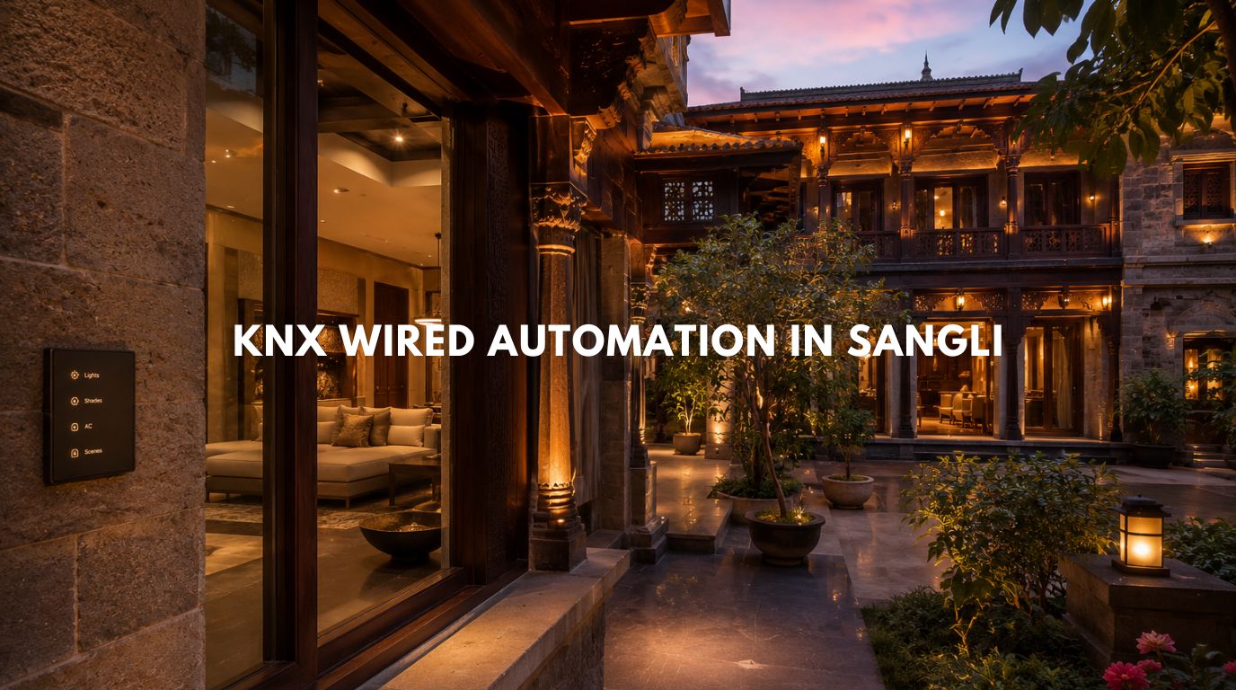 Majestic traditional Sangli heritage estate featuring warm automated lighting and minimalist KNX wired automation.