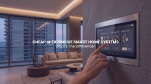 An architectural perspective view inside a luxury Navi Mumbai duplex penthouse, focusing on a minimalist integrated touch panel flush-mounted into a seamless stone wall, running reliable smart home systems.