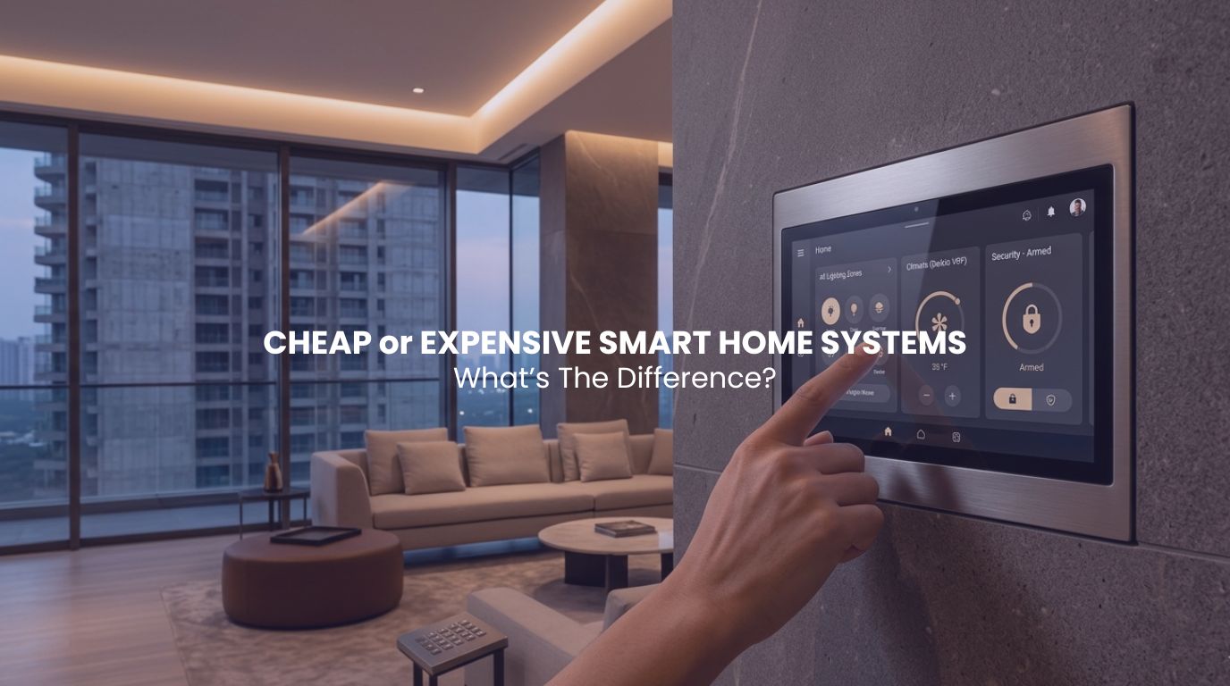 An architectural perspective view inside a luxury Navi Mumbai duplex penthouse, focusing on a minimalist integrated touch panel flush-mounted into a seamless stone wall, running reliable smart home systems.