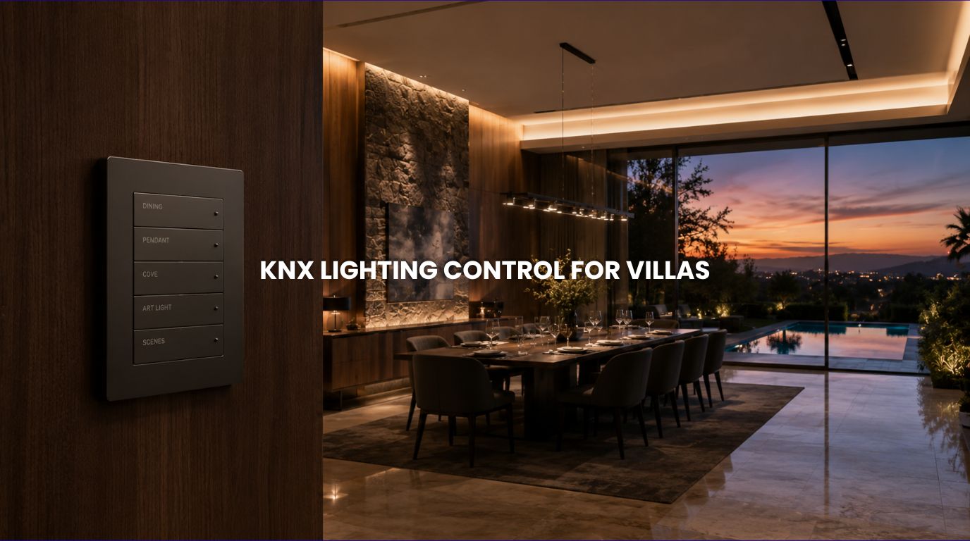 An interior perspective of a luxury Nashik villa dining space showcasing flicker-free ambient downlights managed by a premium wall-integrated KNX lighting control keypad.
