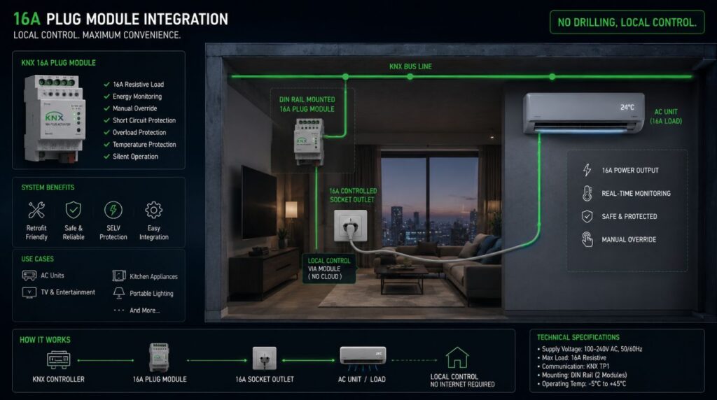 A detailed network flow diagram overlaid on an architectural illustration, showing how modular, no-drill smart home devices for renters cleanly retrofit over standard electrical and structural points.