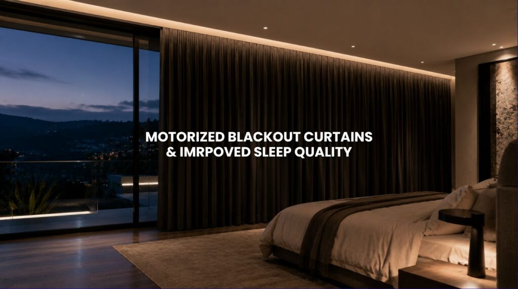 Recessed automatic window treatments displaying luxury motorized blackout curtains in a master bedroom