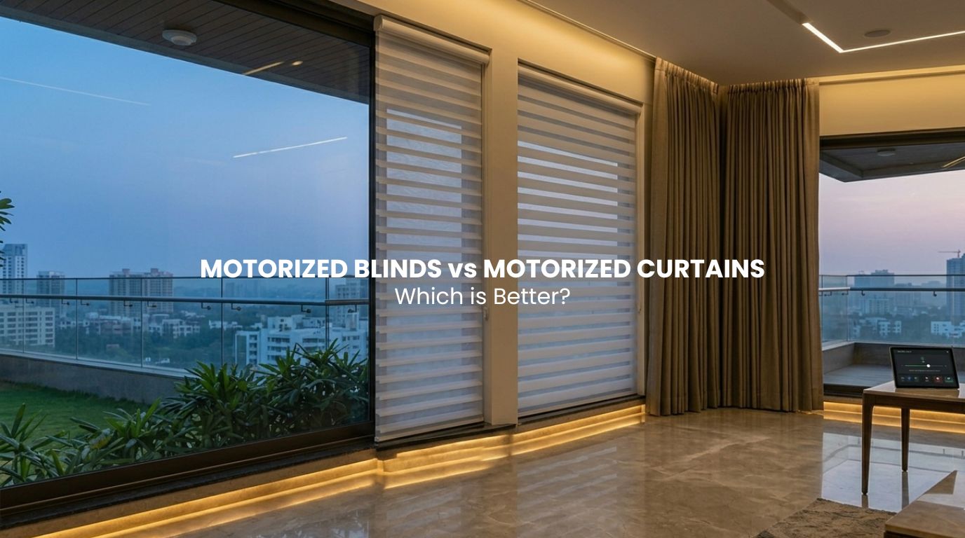 A hyper-realistic wide interior perspective view showcasing floor-to-ceiling hardwired motorized blinds sitting flush in a recessed window cavity alongside a motorized curtain track stack, illustrating the comparative guide.