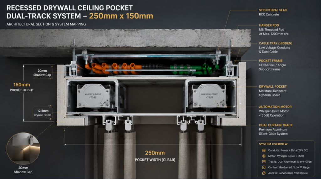 Technical architectural drawing of a recessed ceiling pocket dimensioned for a knx smart home system window treatment