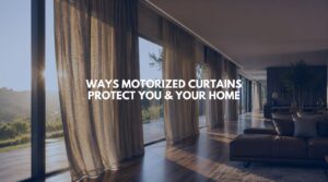 A wide-angle view of a luxury living room in Nashik featuring motorized curtains automatically closing to protect high-end furniture from harsh afternoon sunlight.