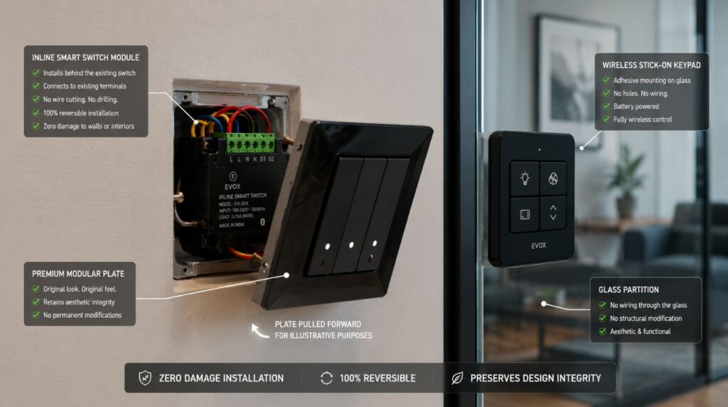 A close-up layout diagram displaying how mini inline retrofit modules slide behind standard wall switchboards as zero-damage home automation devices.
