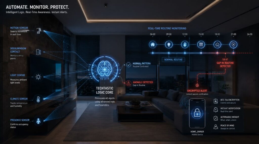 A technical graphic diagram overlaid on an architectural cross-section of an Indian villa, demonstrating logic-based smart home features for seniors that identify ambient motion anomalies without using cameras.