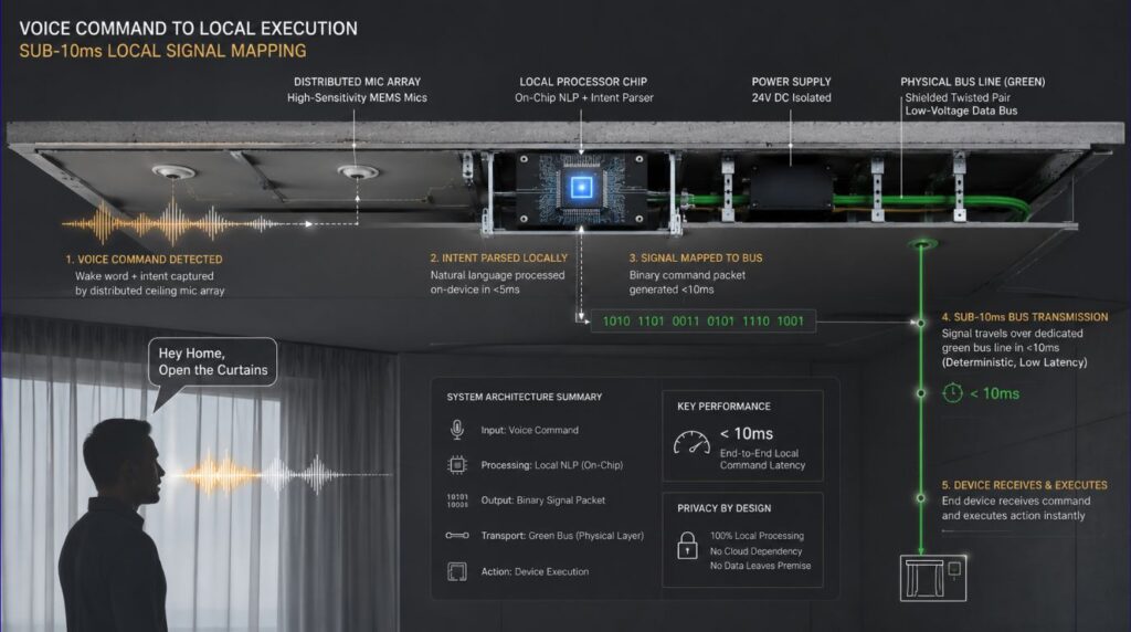 Technical architecture diagram showing secure local offline voice control for motorized curtains