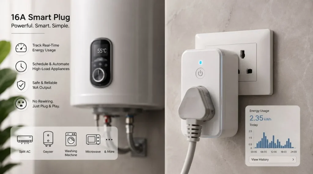 A heavy duty smart plug adapter attached to an existing socket showcasing damage free smart home devices for renters