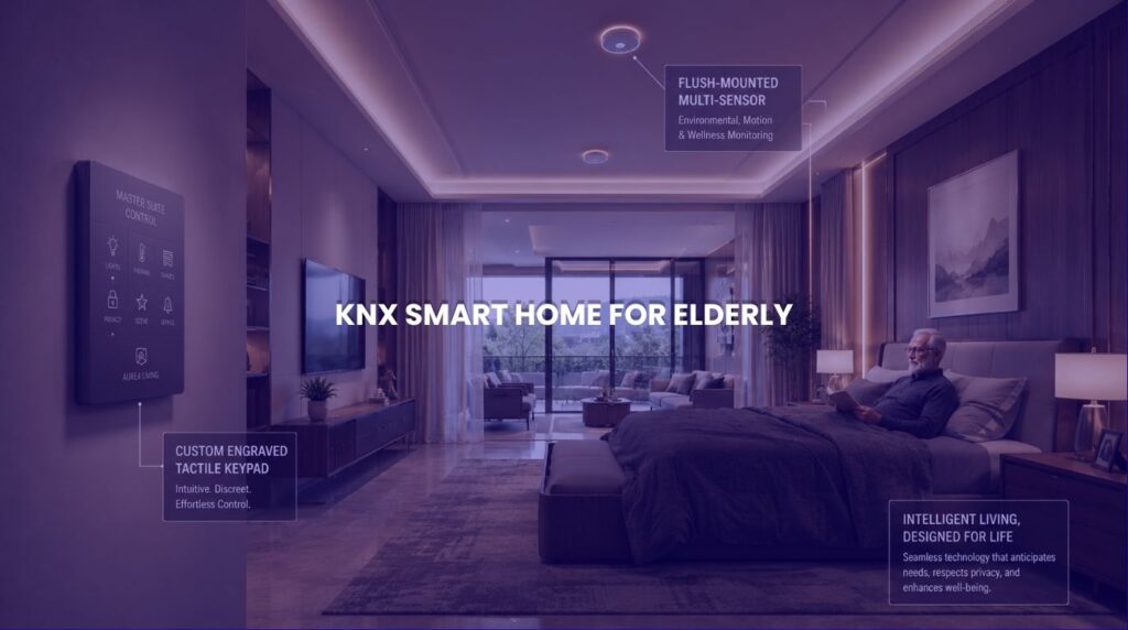 Luxury residential bedroom design showcasing an integrated offline smart home for the elderly care