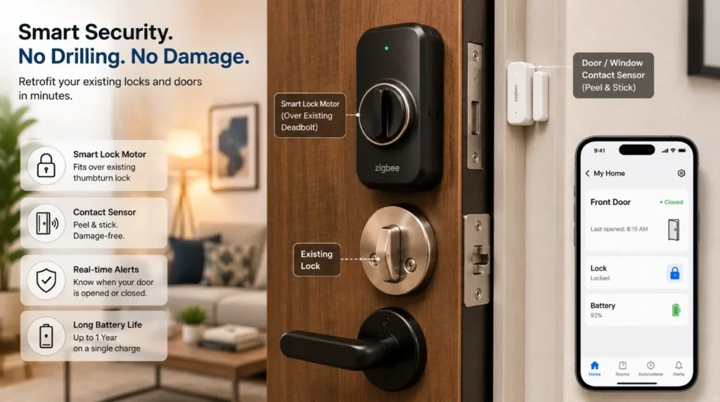 An interior view of a retrofit smart lock and wireless contact sensor illustrating secure smart home devices for renters