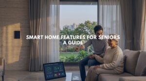 A warm, golden-hour perspective inside a refined Indian villa living room, showing crucial smart home features for seniors like automated amber path lighting and an integrated, voice-controlled interface panel.