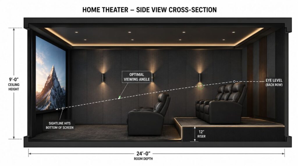 Side-view cross-section showing home theater room dimensions for tiered seating and clear sightlines to the screen.