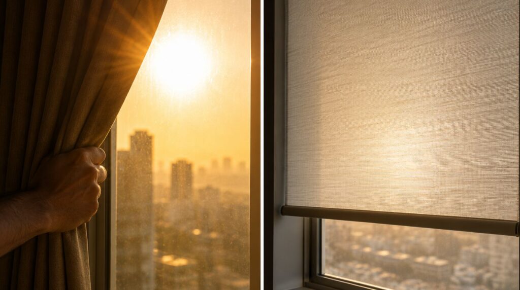 Comparative close-up showing diffused, cool light through automated high-performance shading fabric vs. direct glare - depiction of reducing cooling costs