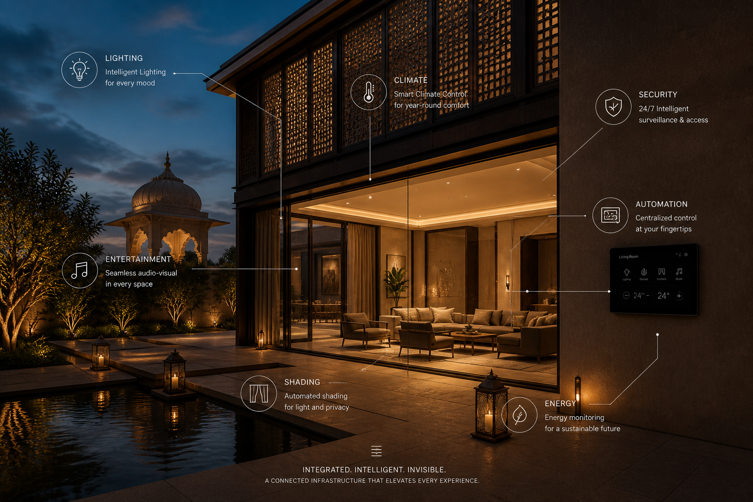 A wide, sunlit view of a modern luxury living room in Mumbai, featuring smart infrastructure throughout the home.