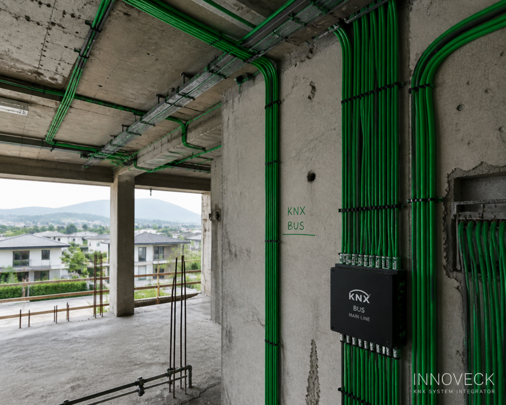 A technical photo showing the organized installation of green KNX wired automation cables within the raw concrete and steel structure of a new luxury villa under construction, depicting smart infrastructure