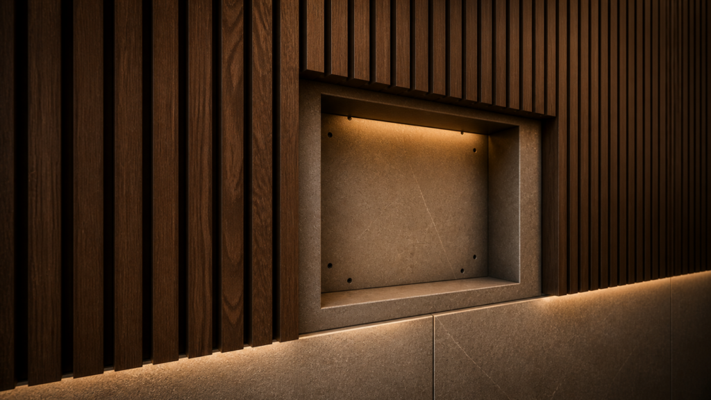 A detail shot of a modern, minimal wall feature using dark wood slats, showing a precision recessed niche designed for an invisible speaker installation during the early-stage planning of home theater acoustics.
