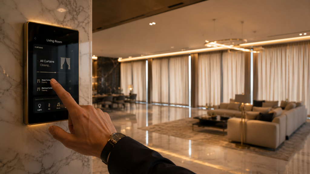 A homeowner using a minimalist smart interface to control multiple motorized curtains simultaneously in a high-end Navi Mumbai residence.