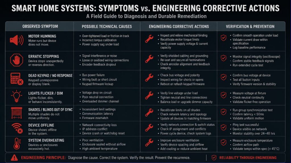System diagnostic failure matrix outlining corrective actions during motorized curtains troubleshooting
