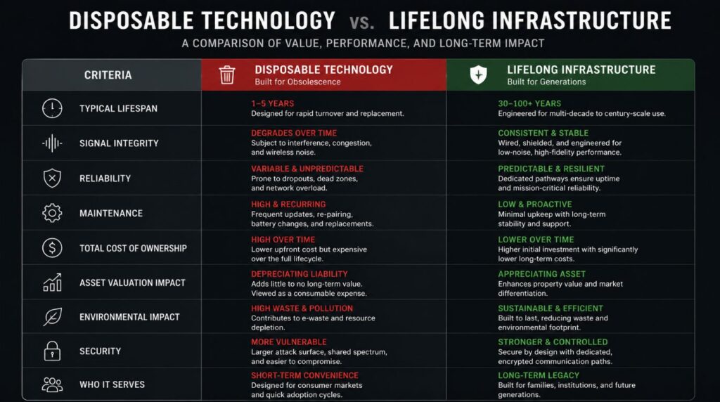 System lifecycle comparison matrix detailing engineering metrics of a future proof smart home