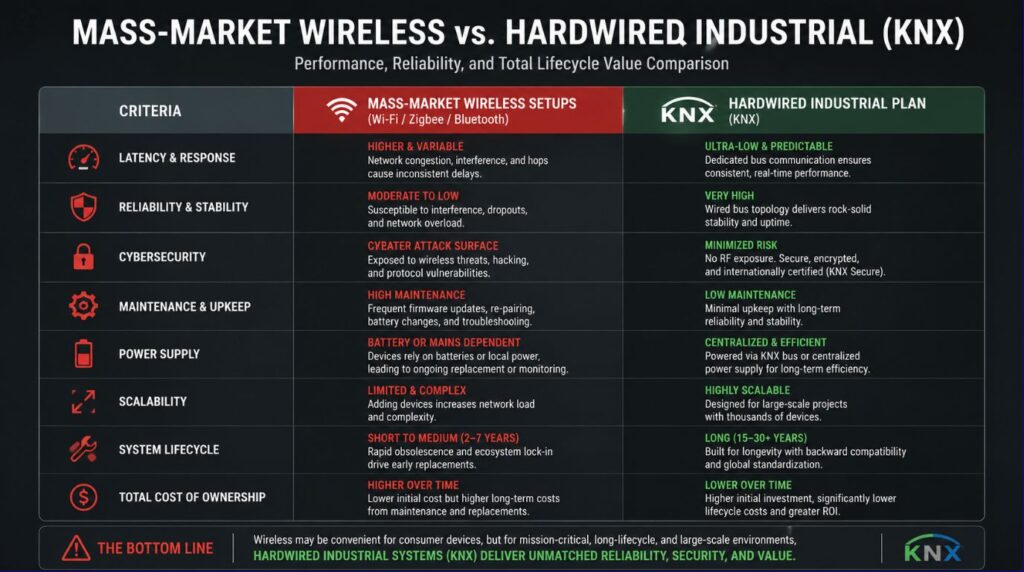 Comparative engineering matrix detailing technical metrics of a hardwired smart home for the elderly care