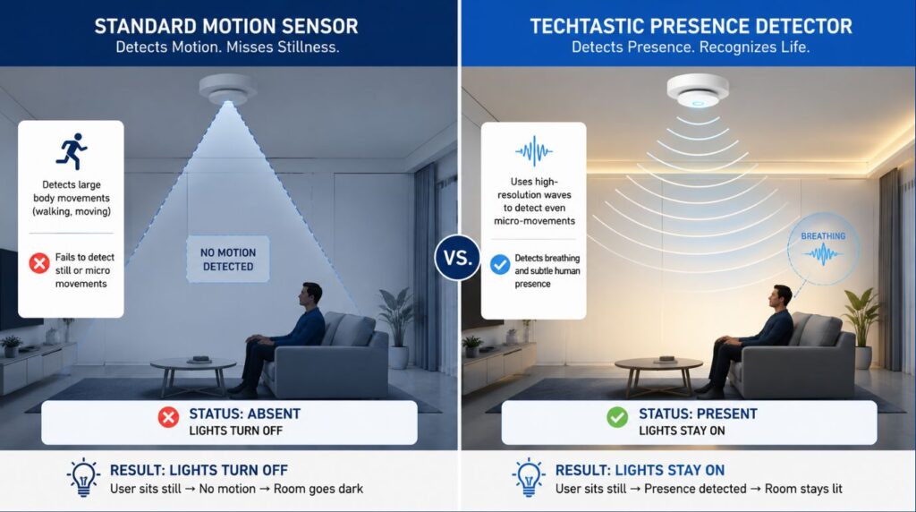 Comparison diagram of standard motion sensors vs. high-resolution home automation sensors