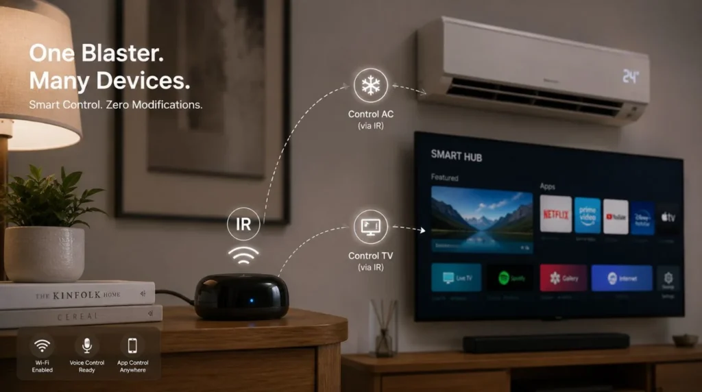 A compact smart IR blaster managing a legacy air conditioner as part of essential smart home devices for renters