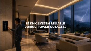 A wide-angle view of a luxury modern living room during a twilight storm, where an integrated wall keypad running a hardwired KNX system flawlessly commands the lighting.