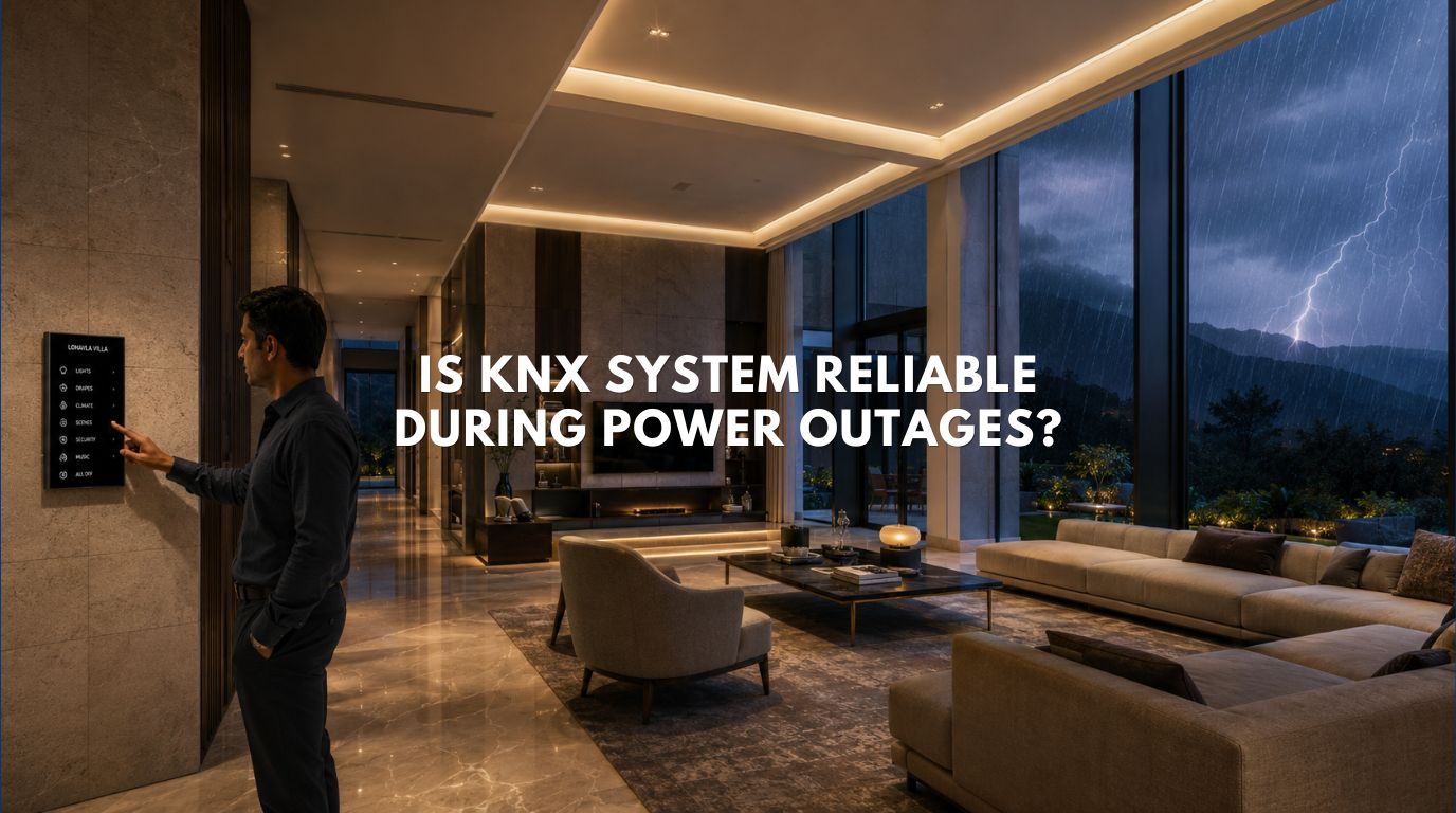 A wide-angle view of a luxury modern living room during a twilight storm, where an integrated wall keypad running a hardwired KNX system flawlessly commands the lighting.