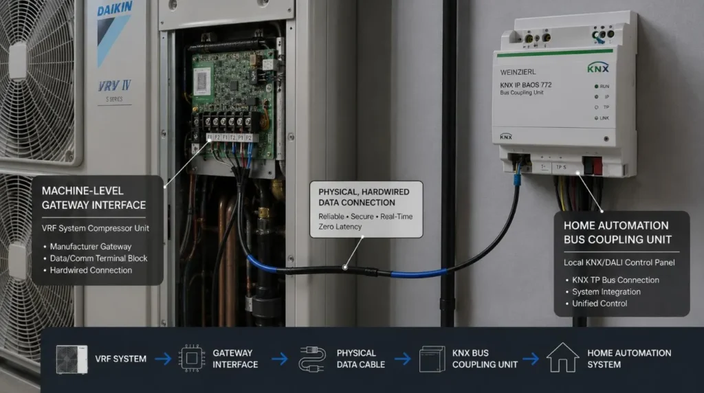 A hardwired machine gateway connection directly linking a VRF compressor as advised in this smart home automation guide