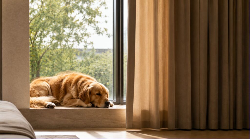 Whisper quiet smart curtains operating smoothly next to a relaxed household pet
