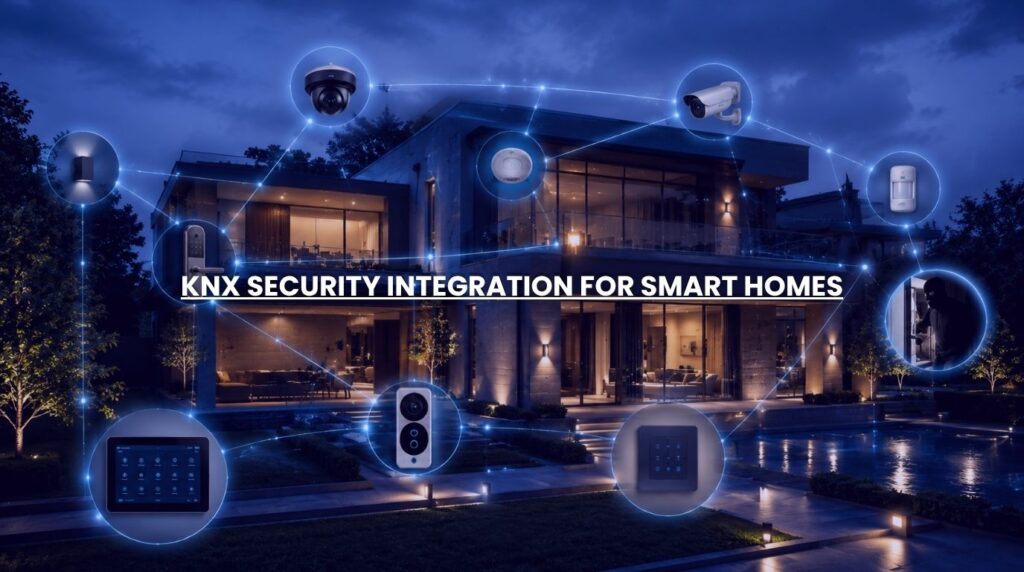 KNX security integration connecting CCTV cameras, smart locks, alarms, lighting, and home automation in a luxury smart home.