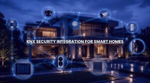 KNX security integration connecting CCTV cameras, smart locks, alarms, lighting, and home automation in a luxury smart home.