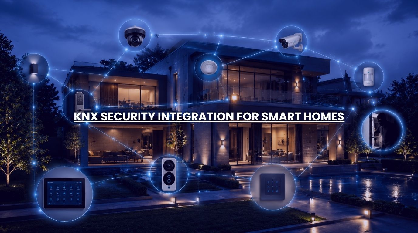 KNX security integration connecting CCTV cameras, smart locks, alarms, lighting, and home automation in a luxury smart home.