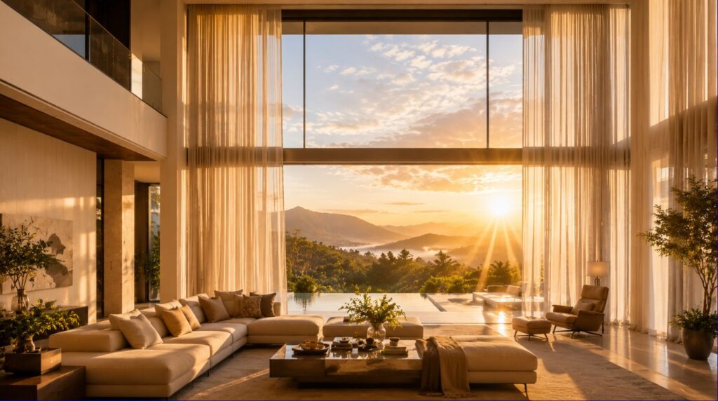 Motorized curtain opening automatically to welcome natural morning sunlight