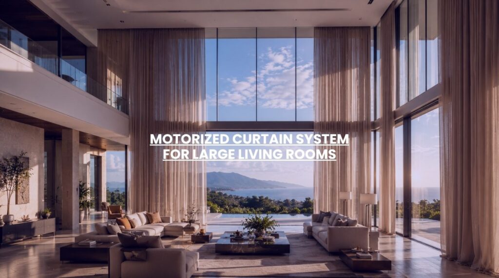 Motorized curtain system installed across floor-to-ceiling windows in a luxury living room