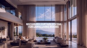 Motorized curtain system installed across floor-to-ceiling windows in a luxury living room