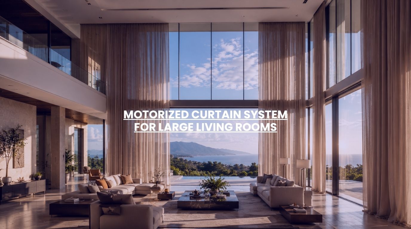 Motorized curtain system installed across floor-to-ceiling windows in a luxury living room