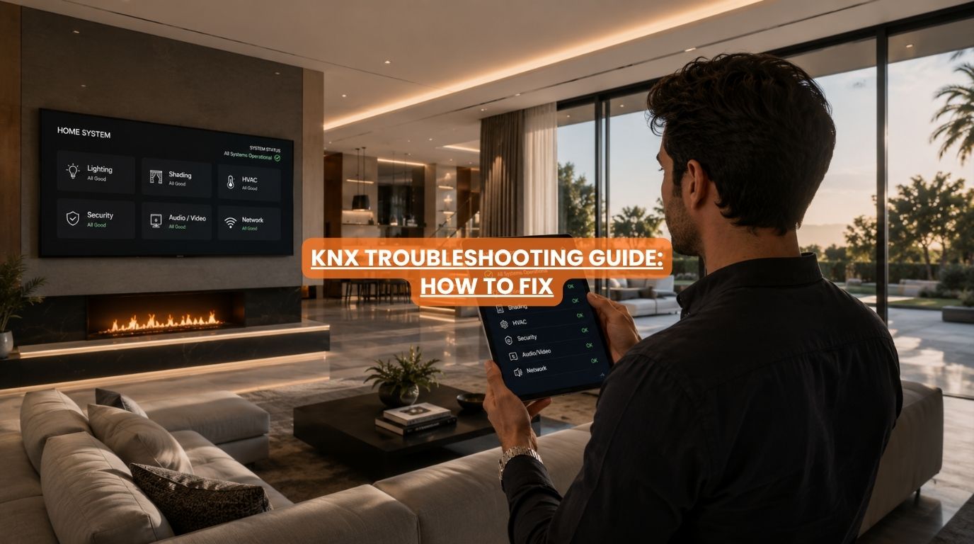A homeowner reviewing an automated home dashboard to begin standard KNX troubleshooting