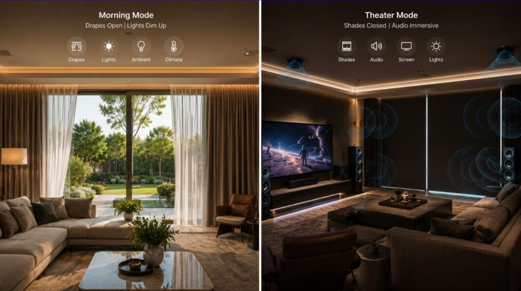 A synchronized multi room movie night and morning routine scene coordinated seamlessly through a central smart home hub